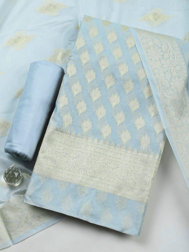 Grey Woven Design Chanderi Unstitched Dress Material