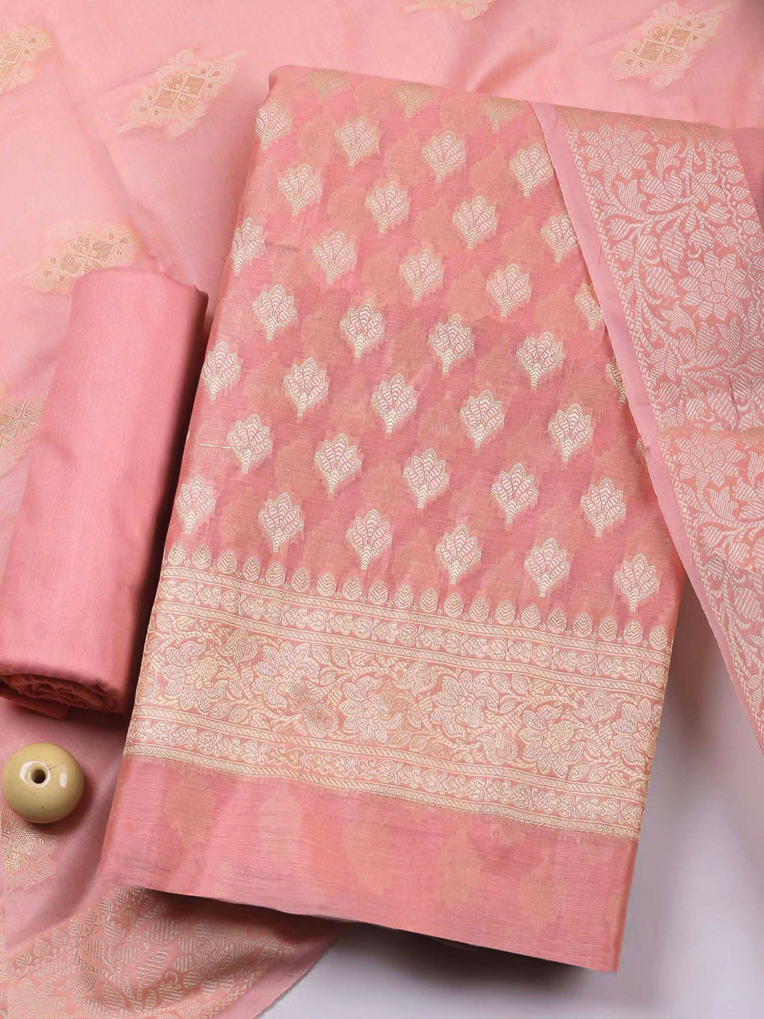 Peach Woven Design Chanderi Unstitched Dress Material
