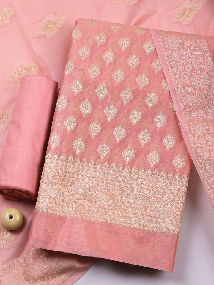 Peach Woven Design Chanderi Unstitched Dress Material