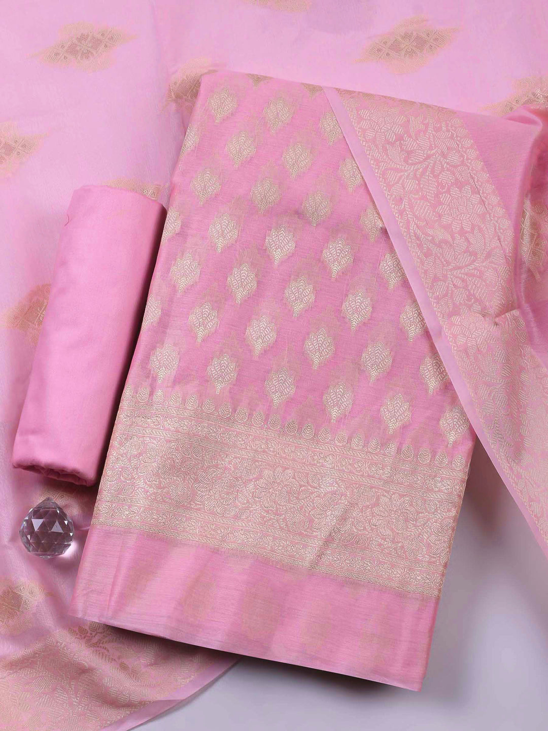 Pink Woven Design Chanderi Unstitched Dress Material