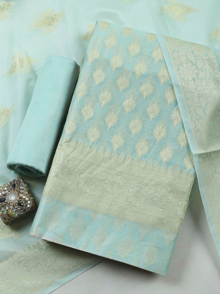 Sea Green Woven Design Chanderi Unstitched Dress Material