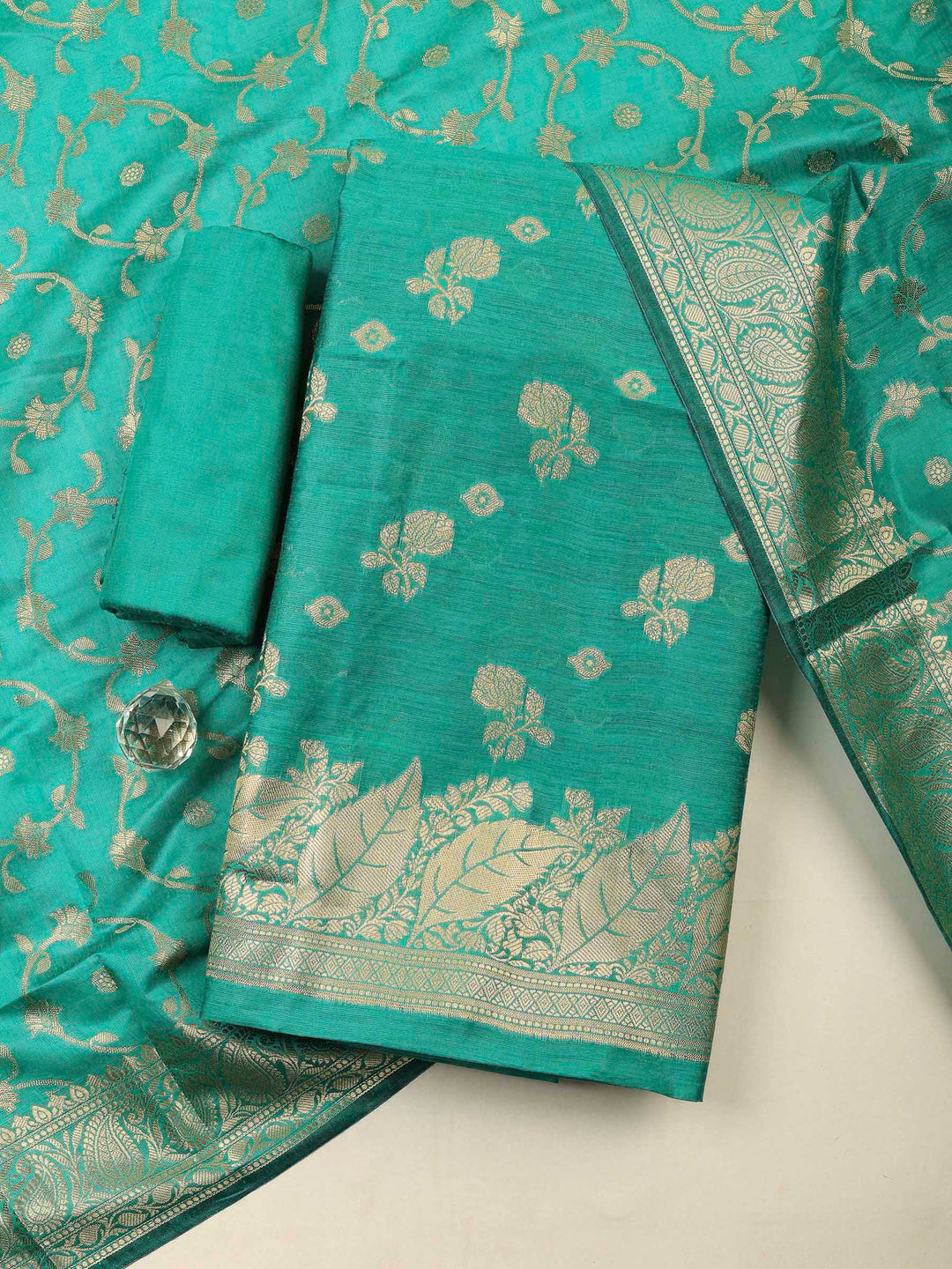 Green Banarasi Chanderi Unstitched Dress Material