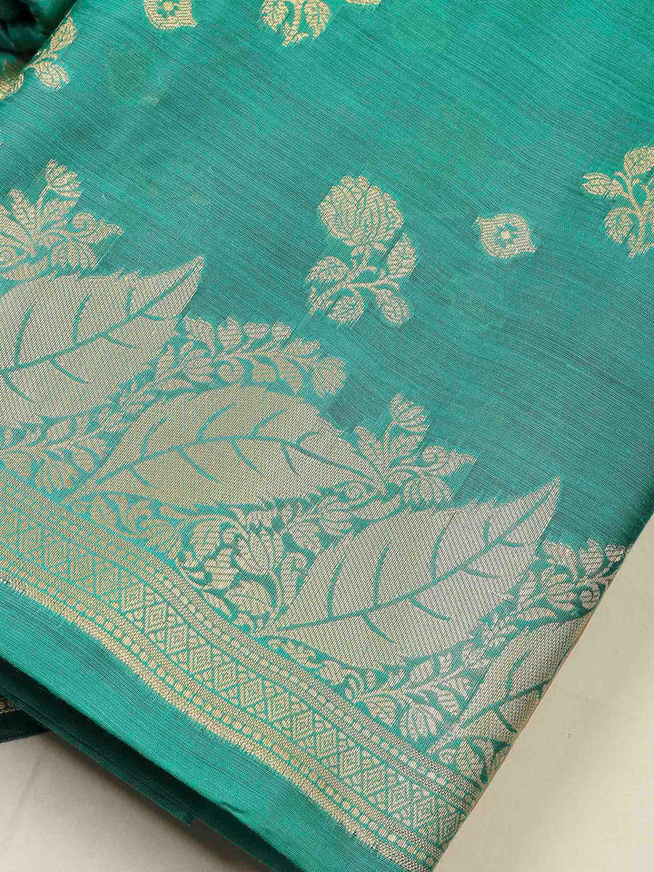 Green Banarasi Chanderi Unstitched Dress Material