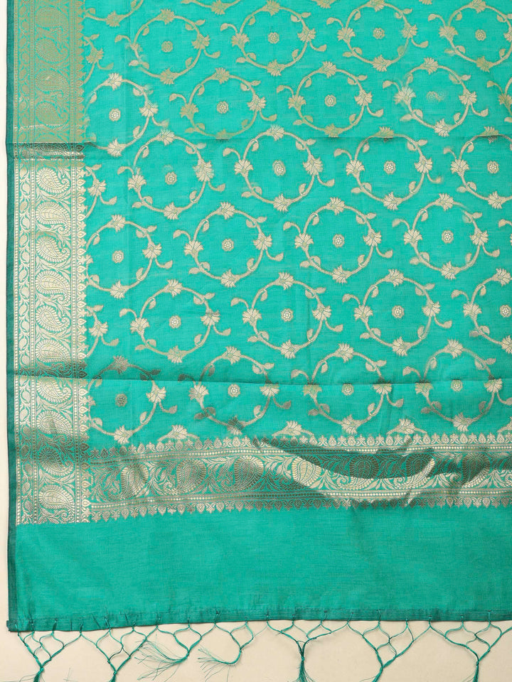 Green Banarasi Chanderi Unstitched Dress Material