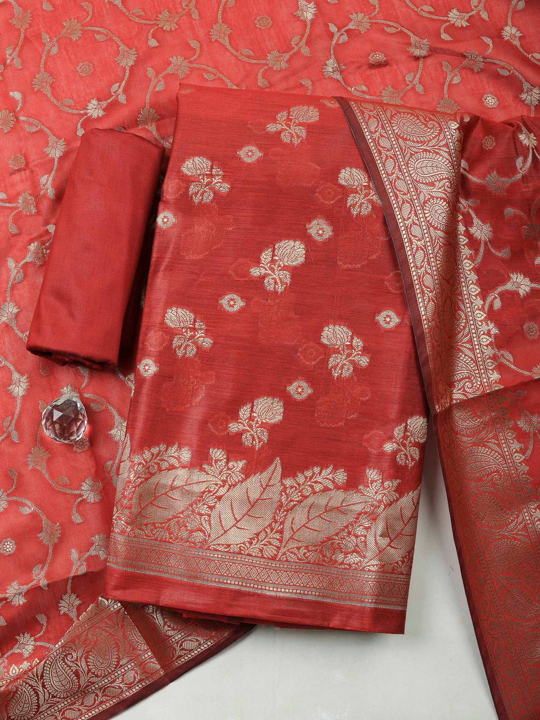 Maroon Banarasi Chanderi Unstitched Dress Material