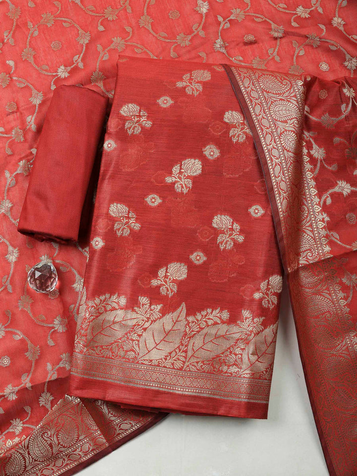 Maroon Banarasi Chanderi Unstitched Dress Material