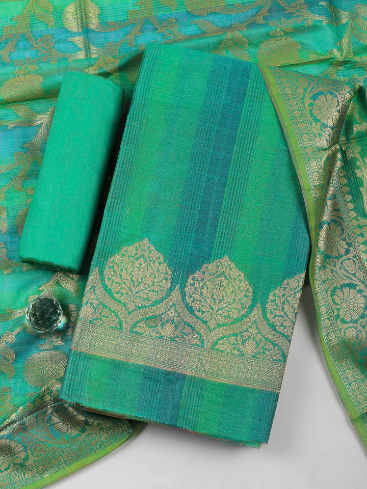 Green Woven Design Chanderi Unstitched Suit &amp; Pant With Banarsi Dupatta