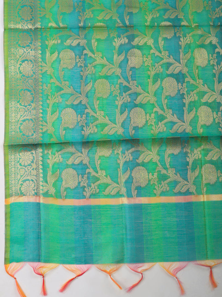 Green Woven Design Chanderi Unstitched Suit &amp; Pant With Banarsi Dupatta