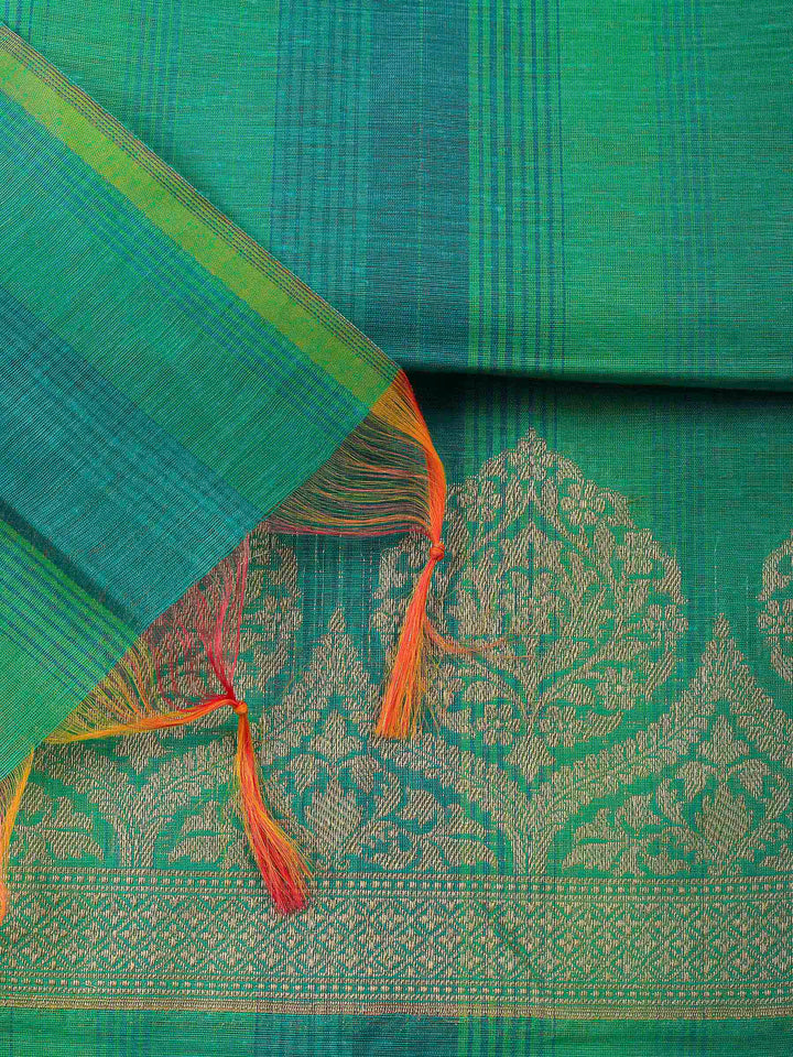 Green Woven Design Chanderi Unstitched Suit &amp; Pant With Banarsi Dupatta