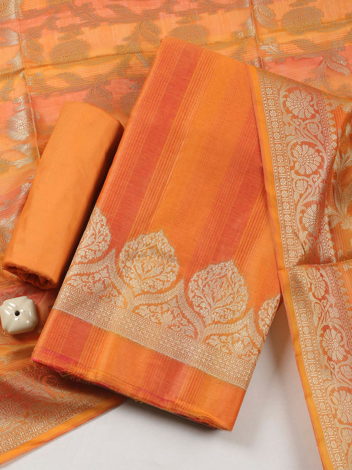 Orange Woven Design Chanderi Unstitched Suit &amp; Pant With Banarsi Dupatta