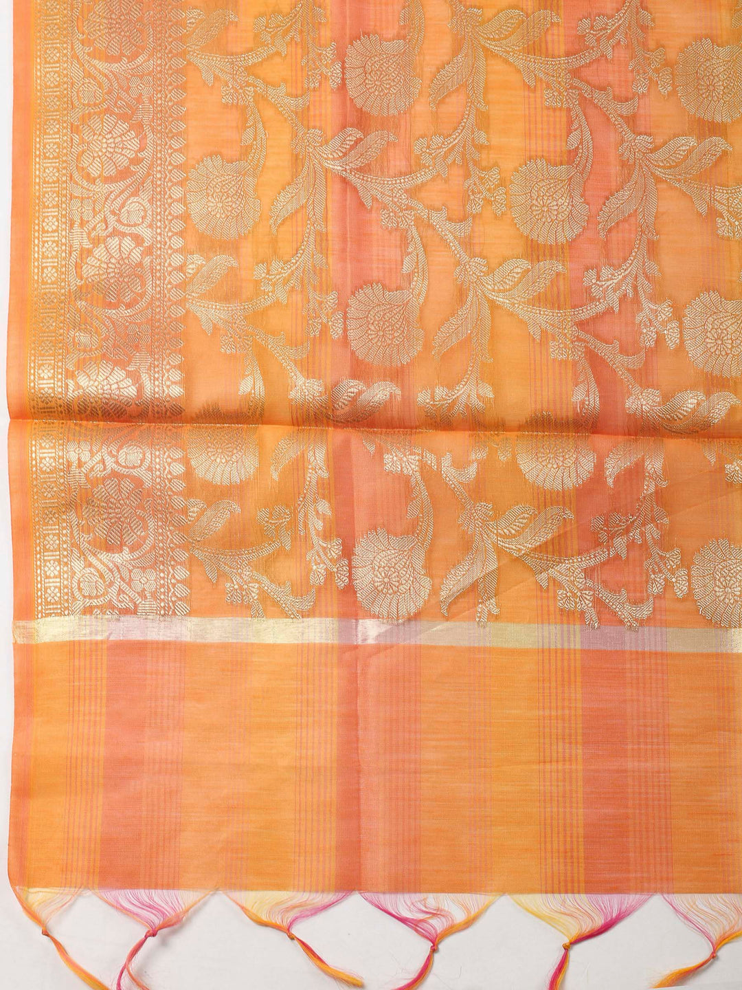 Orange Woven Design Chanderi Unstitched Suit &amp; Pant With Banarsi Dupatta