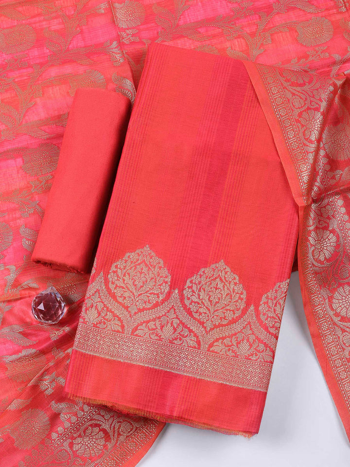 Rani Woven Design Chanderi Unstitched Suit &amp; Pant With Banarsi Dupatta