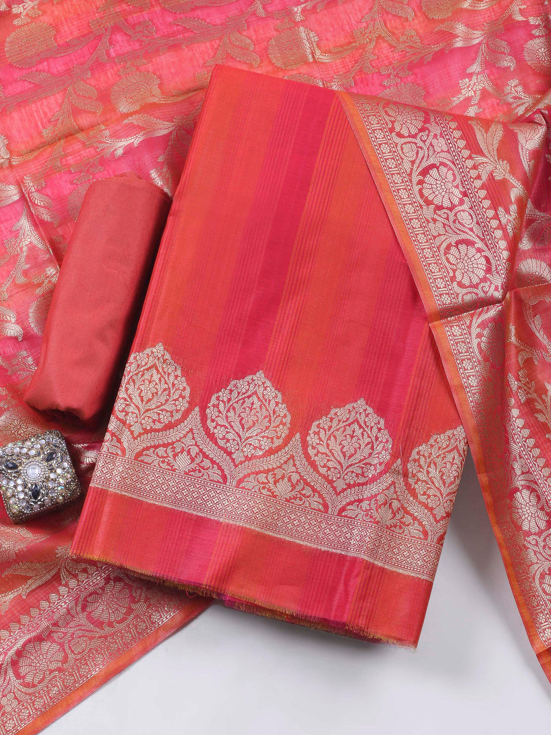 Rust Woven Design Chanderi Unstitched Suit &amp; Pant With Banarsi Dupatta