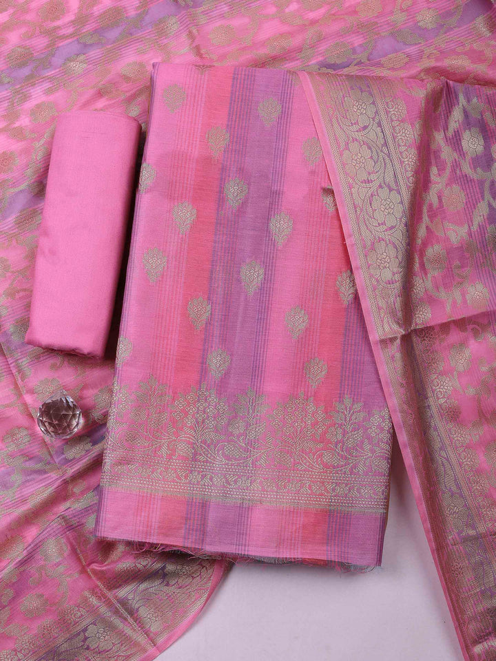 Coral Pink Banarasi Chanderi Unstitched Dress Material