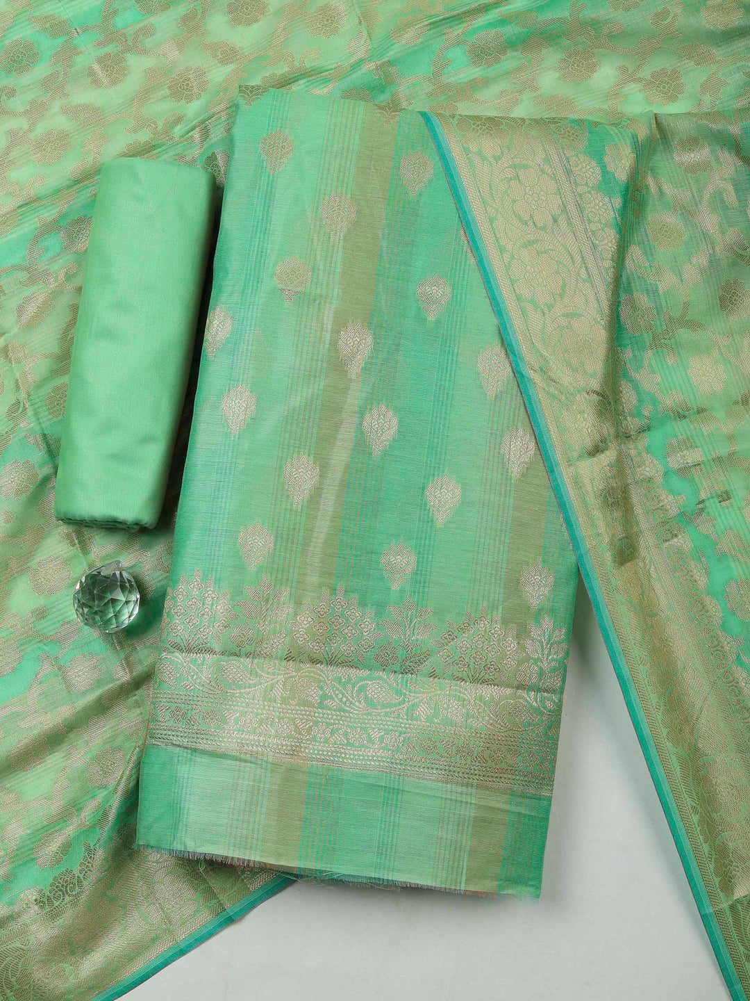 Green Banarasi Chanderi Unstitched Dress Material
