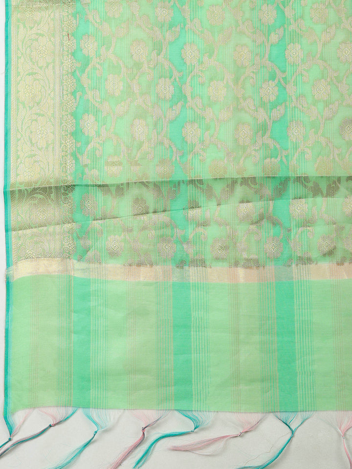 Green Banarasi Chanderi Unstitched Dress Material