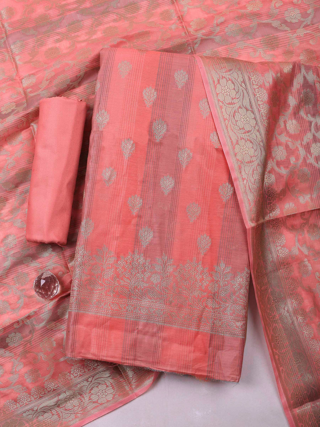 Peach Banarasi Chanderi Unstitched Dress Material