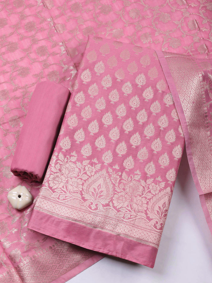 Dull Pink Woven Design Chanderi Unstitched Dress Material