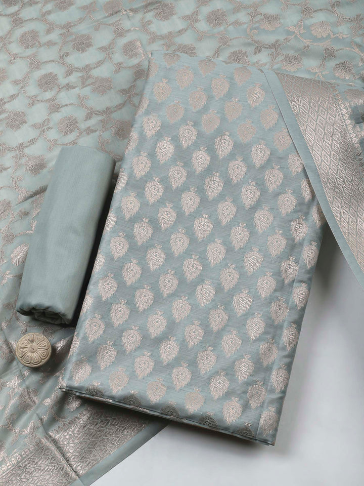 Grey Woven Design Chanderi Unstitched Dress Material