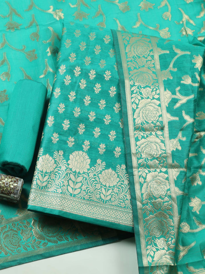 Green Woven Design Chanderi Unstitched Suit &amp; Pant With Chanderi Dupatta