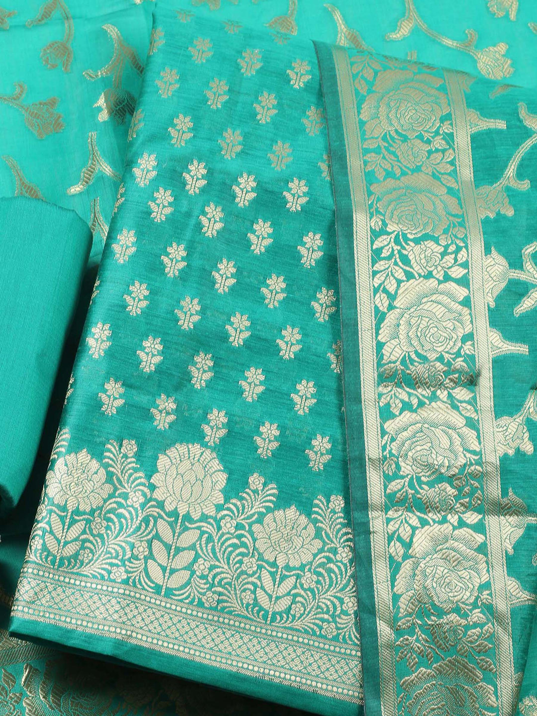 Green Woven Design Chanderi Unstitched Suit &amp; Pant With Chanderi Dupatta