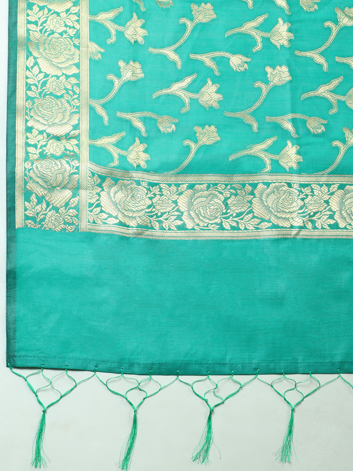 Green Woven Design Chanderi Unstitched Suit &amp; Pant With Chanderi Dupatta