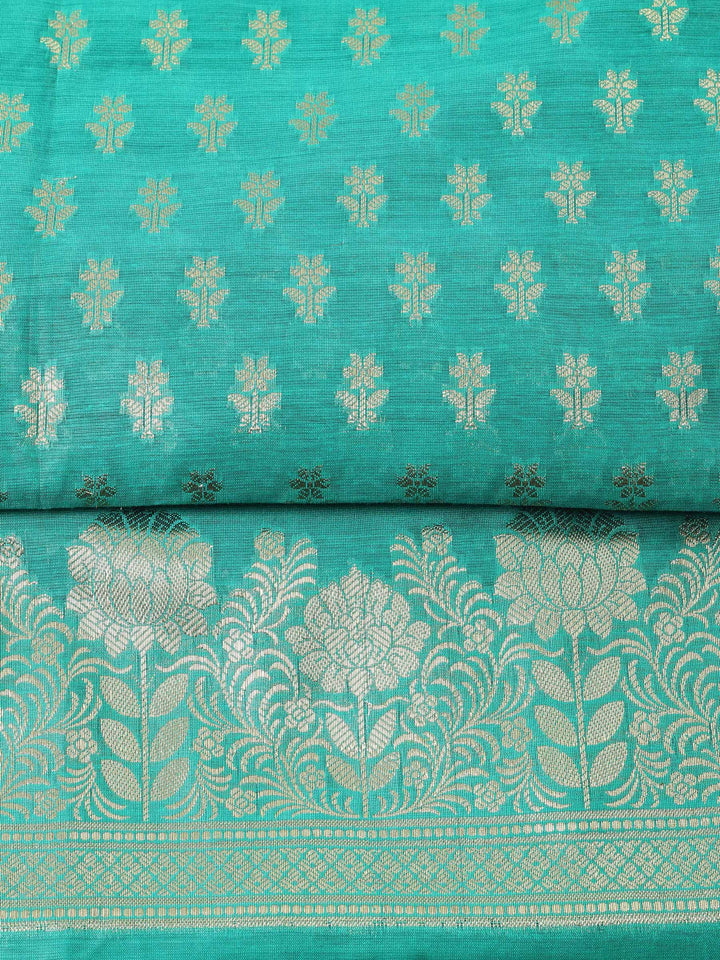 Green Woven Design Chanderi Unstitched Suit &amp; Pant With Chanderi Dupatta