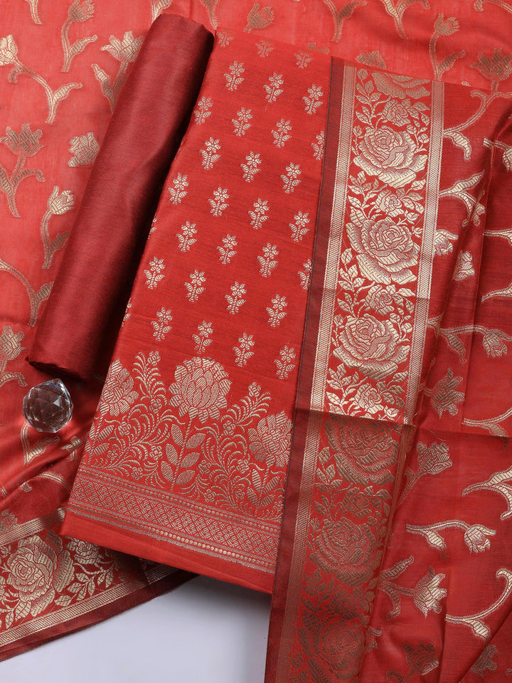 Maroon Woven Design Chanderi Unstitched Suit &amp; Pant With Chanderi Dupatta