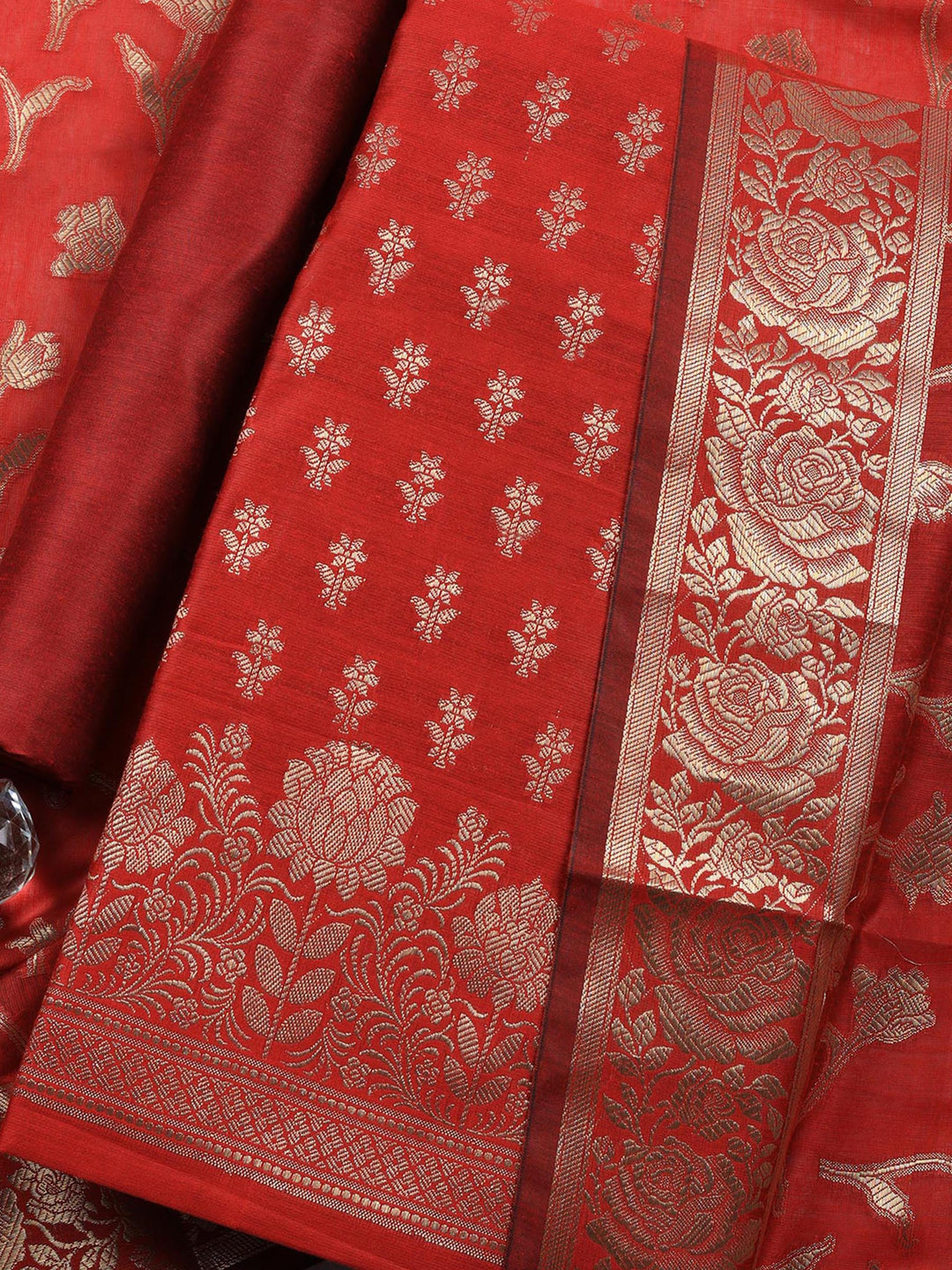 Maroon Woven Design Chanderi Unstitched Suit &amp; Pant With Chanderi Dupatta