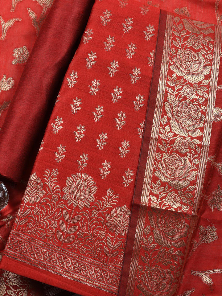 Maroon Woven Design Chanderi Unstitched Suit &amp; Pant With Chanderi Dupatta