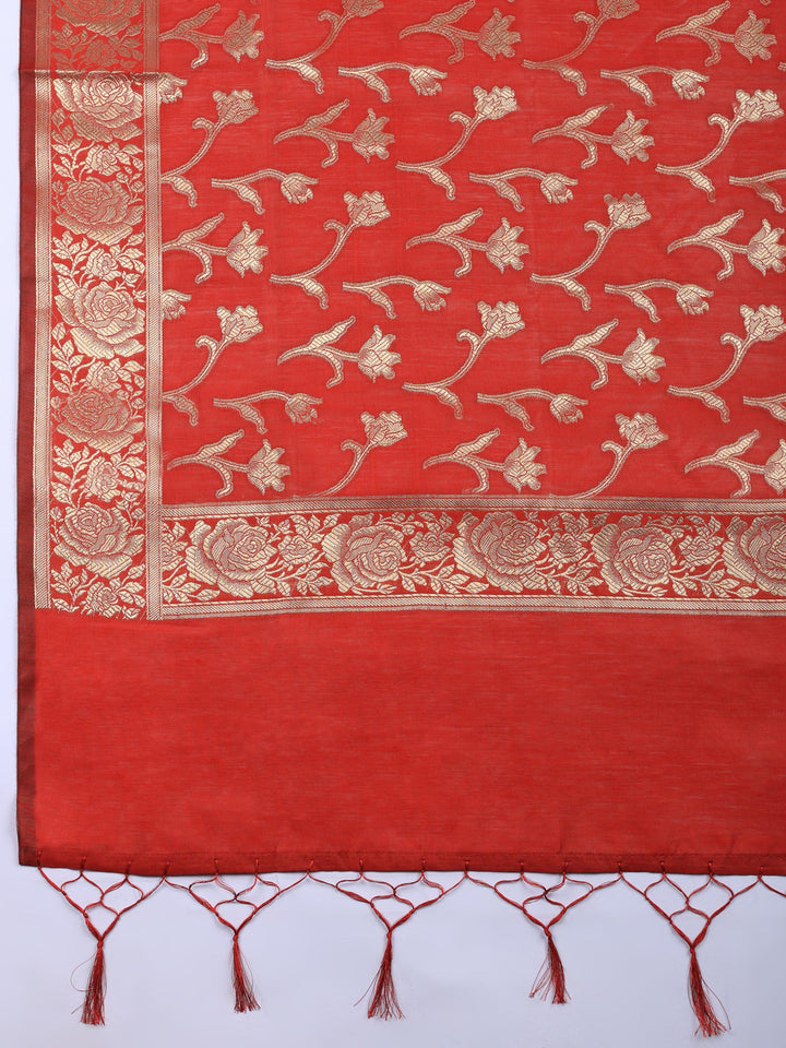 Maroon Woven Design Chanderi Unstitched Suit &amp; Pant With Chanderi Dupatta