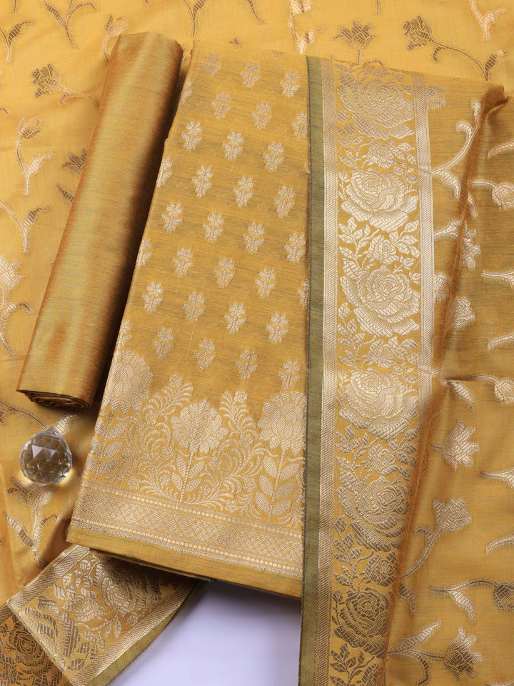 Mustard Woven Design Chanderi Unstitched Suit &amp; Pant With Chanderi Dupatta