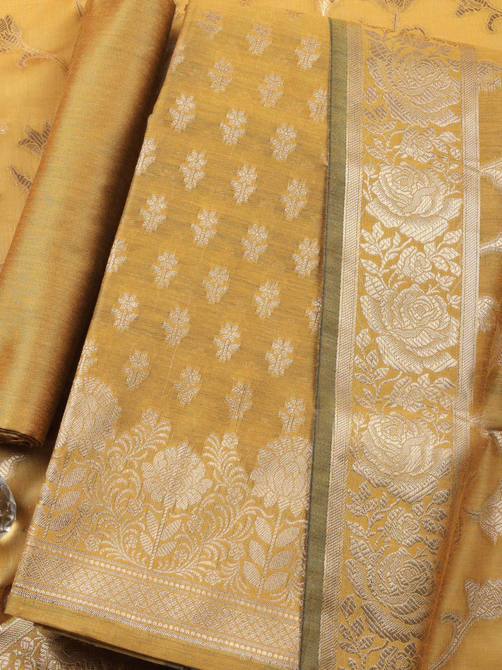 Mustard Woven Design Chanderi Unstitched Suit &amp; Pant With Chanderi Dupatta