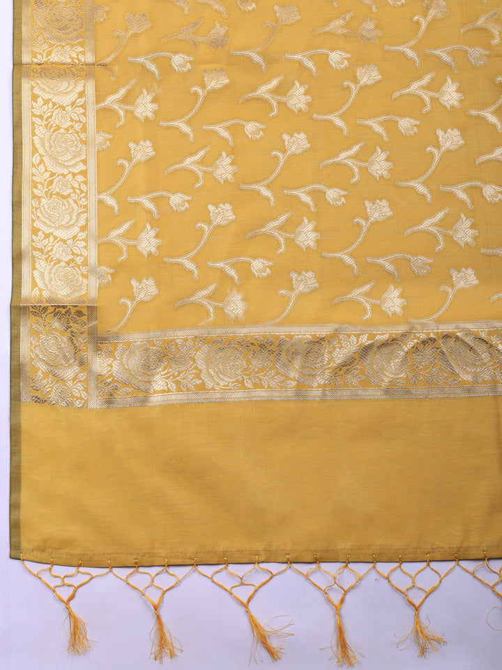 Mustard Woven Design Chanderi Unstitched Suit &amp; Pant With Chanderi Dupatta