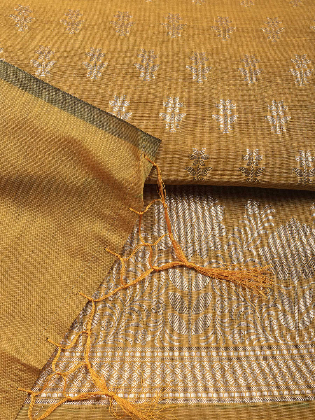 Mustard Woven Design Chanderi Unstitched Suit &amp; Pant With Chanderi Dupatta