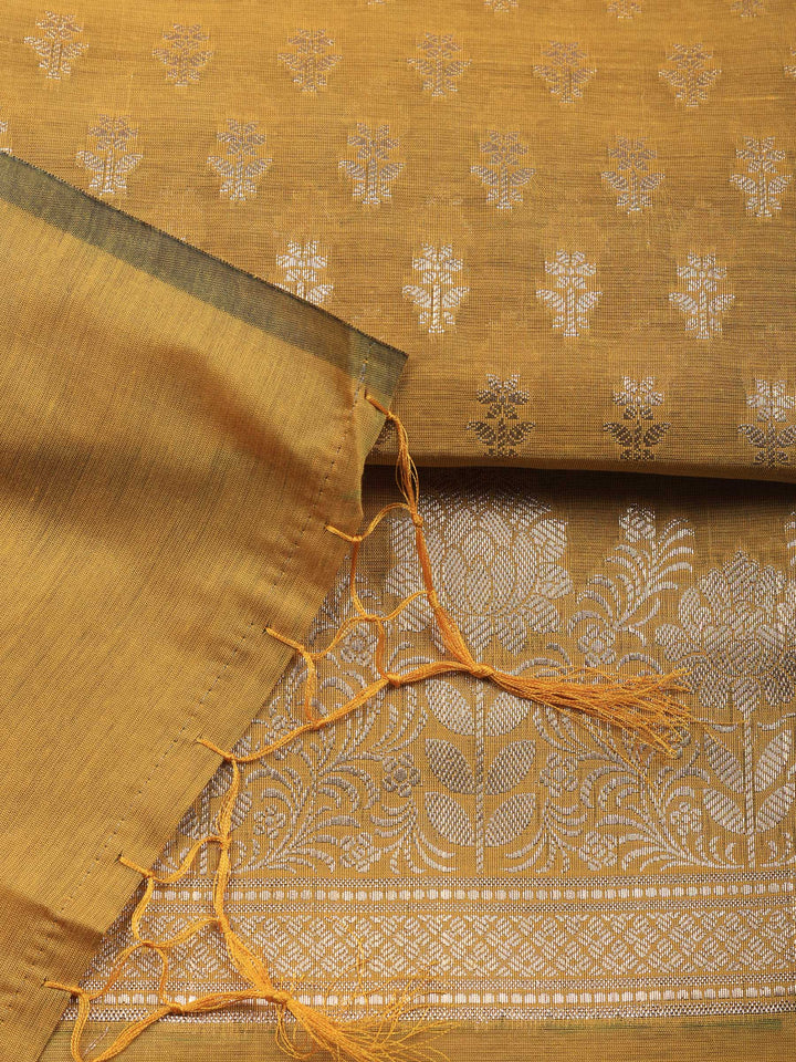 Mustard Woven Design Chanderi Unstitched Suit &amp; Pant With Chanderi Dupatta