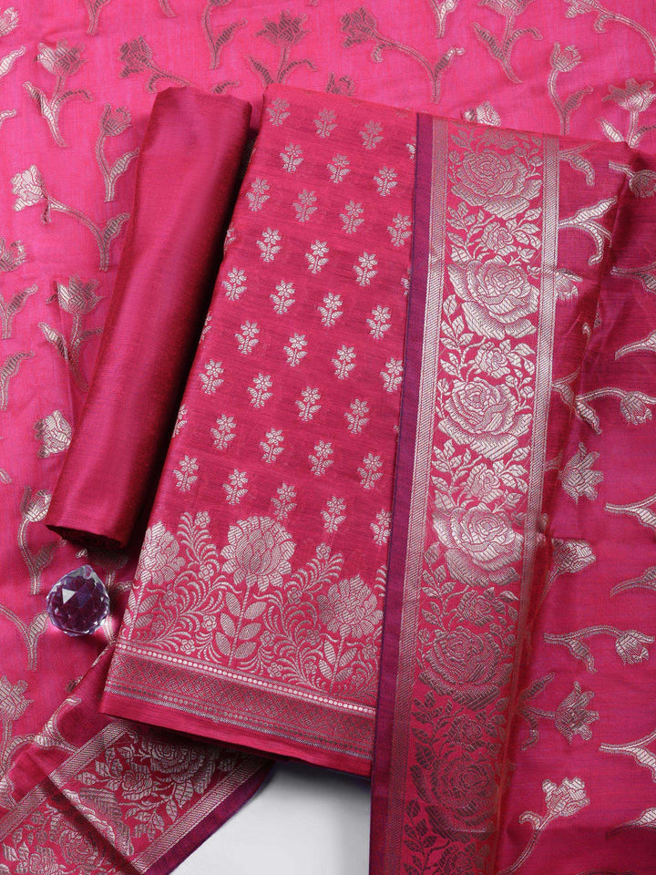 Rani Woven Design Chanderi Unstitched Suit &amp; Pant With Chanderi Dupatta