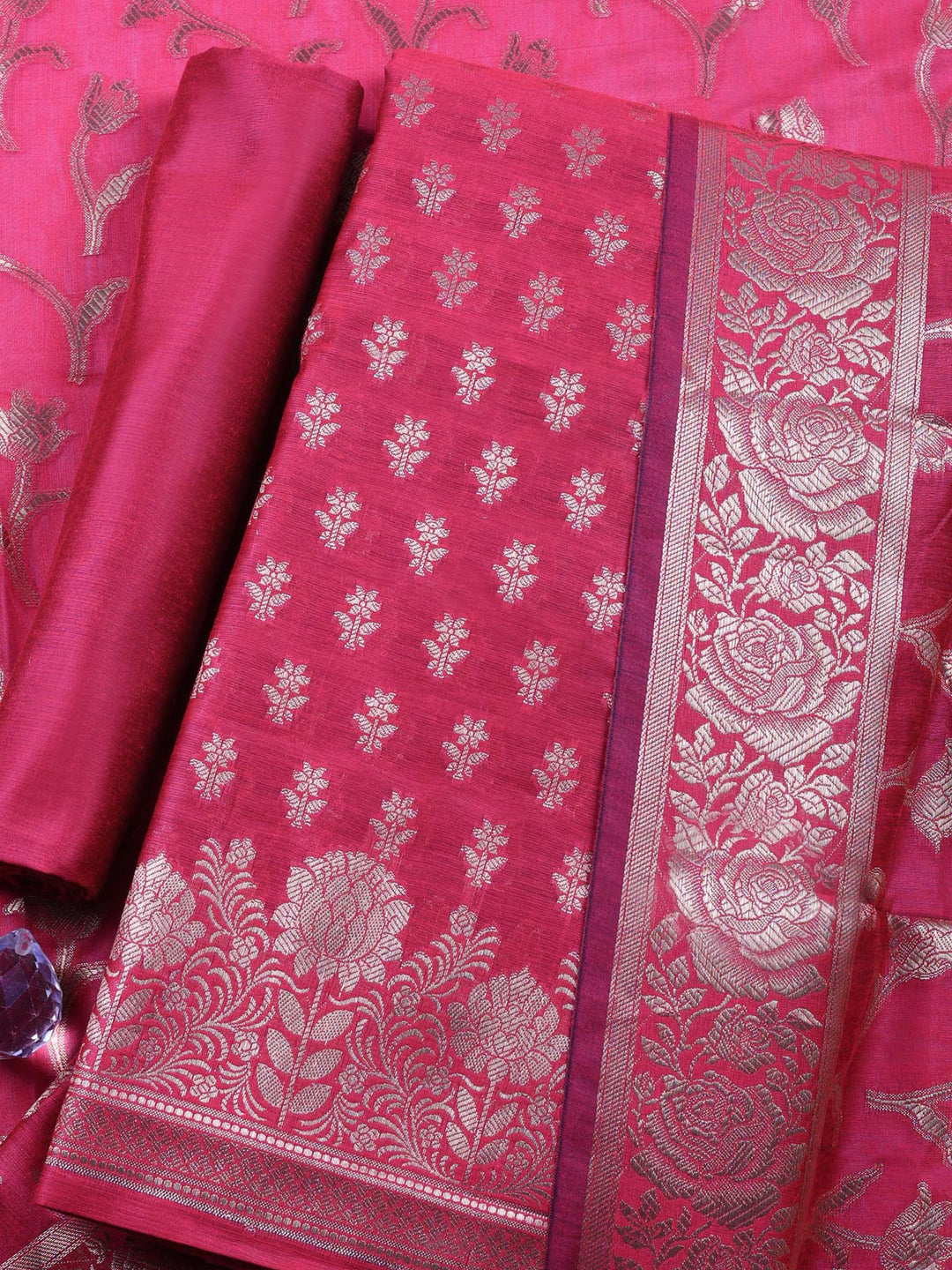 Rani Woven Design Chanderi Unstitched Suit &amp; Pant With Chanderi Dupatta
