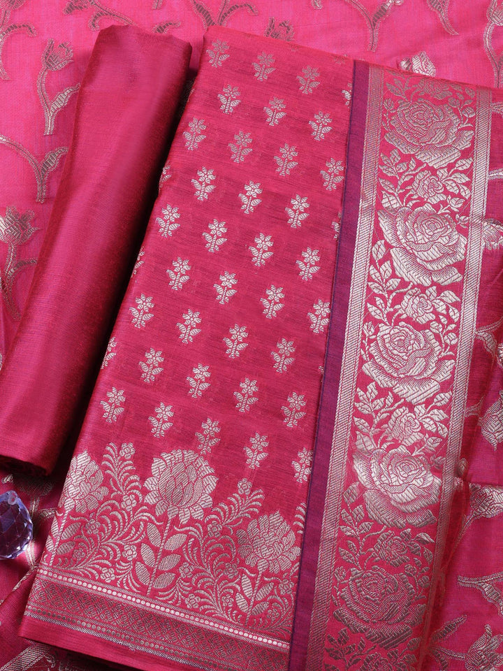 Rani Woven Design Chanderi Unstitched Suit &amp; Pant With Chanderi Dupatta