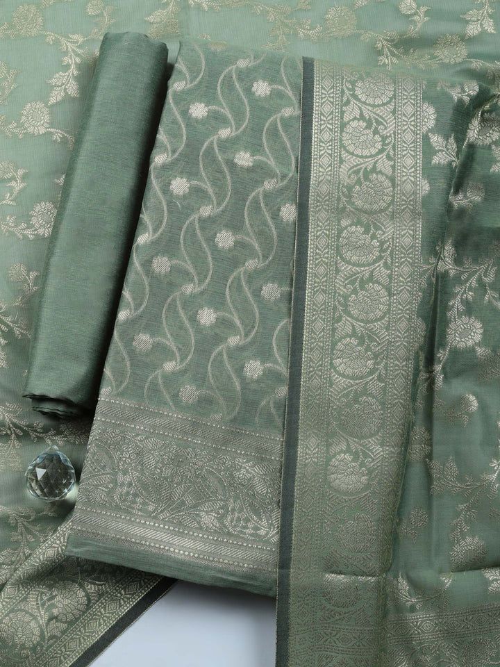 Aqua Green Woven Design Chanderi Unstitched Suit &amp; Pant With Chanderi Dupatta