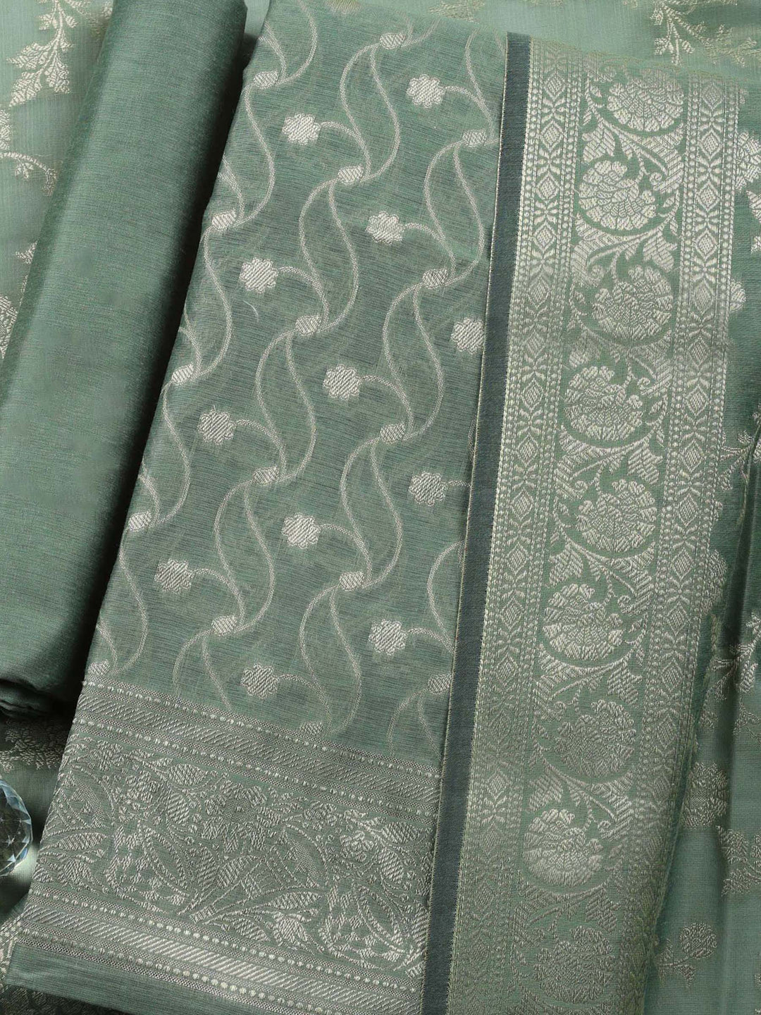 Aqua Green Woven Design Chanderi Unstitched Suit &amp; Pant With Chanderi Dupatta