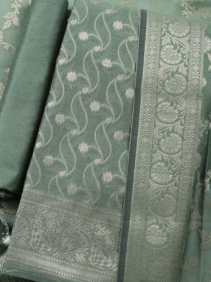 Aqua Green Woven Design Chanderi Unstitched Suit &amp; Pant With Chanderi Dupatta