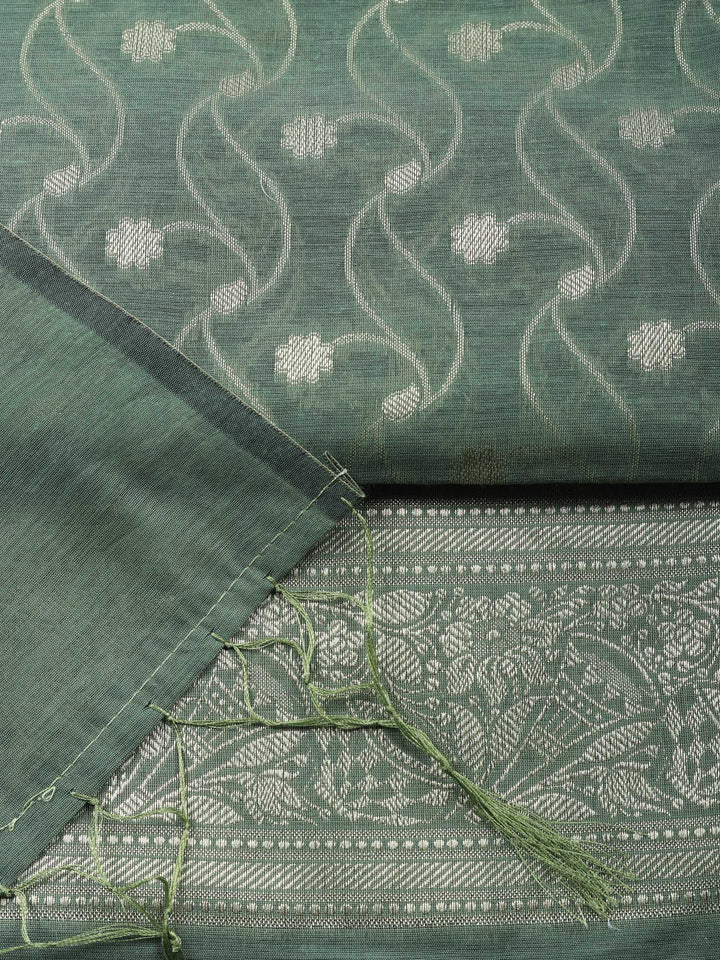 Aqua Green Woven Design Chanderi Unstitched Suit &amp; Pant With Chanderi Dupatta