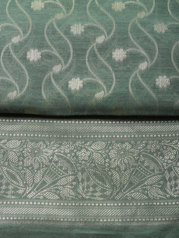 Aqua Green Woven Design Chanderi Unstitched Suit &amp; Pant With Chanderi Dupatta