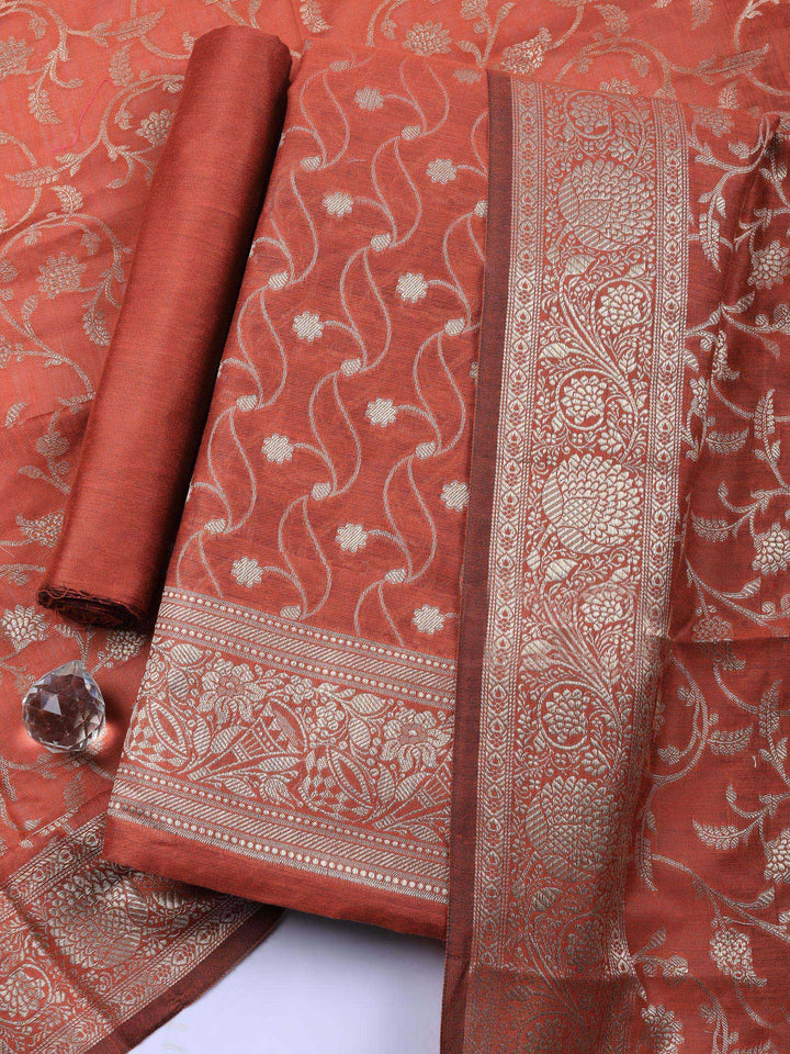 Brick Woven Design Chanderi Unstitched Suit &amp; Pant With Chanderi Dupatta