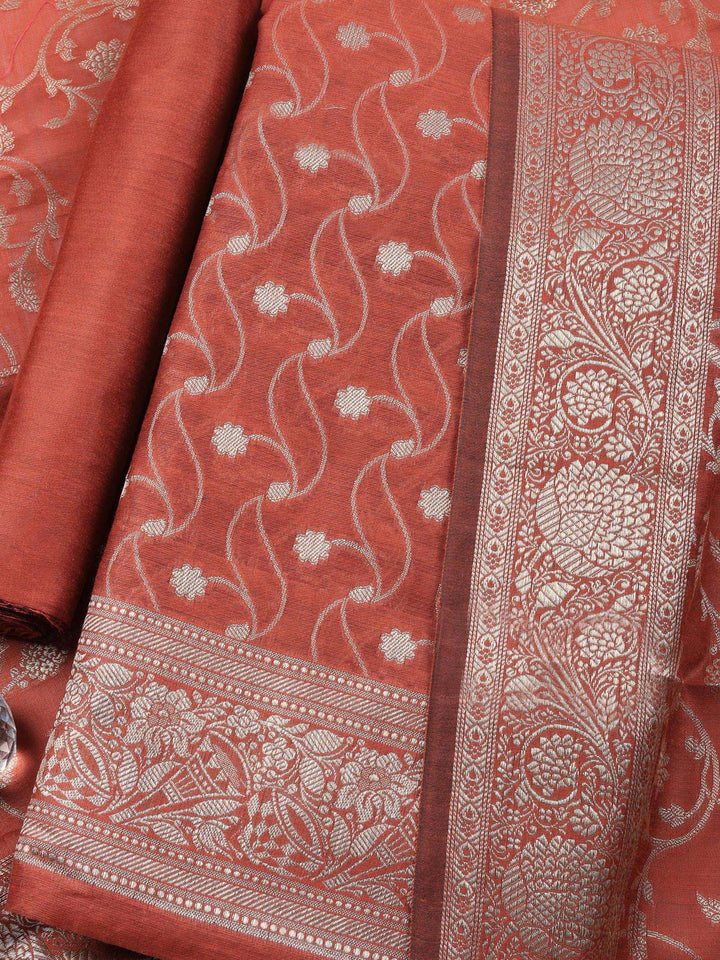 Brick Woven Design Chanderi Unstitched Suit &amp; Pant With Chanderi Dupatta