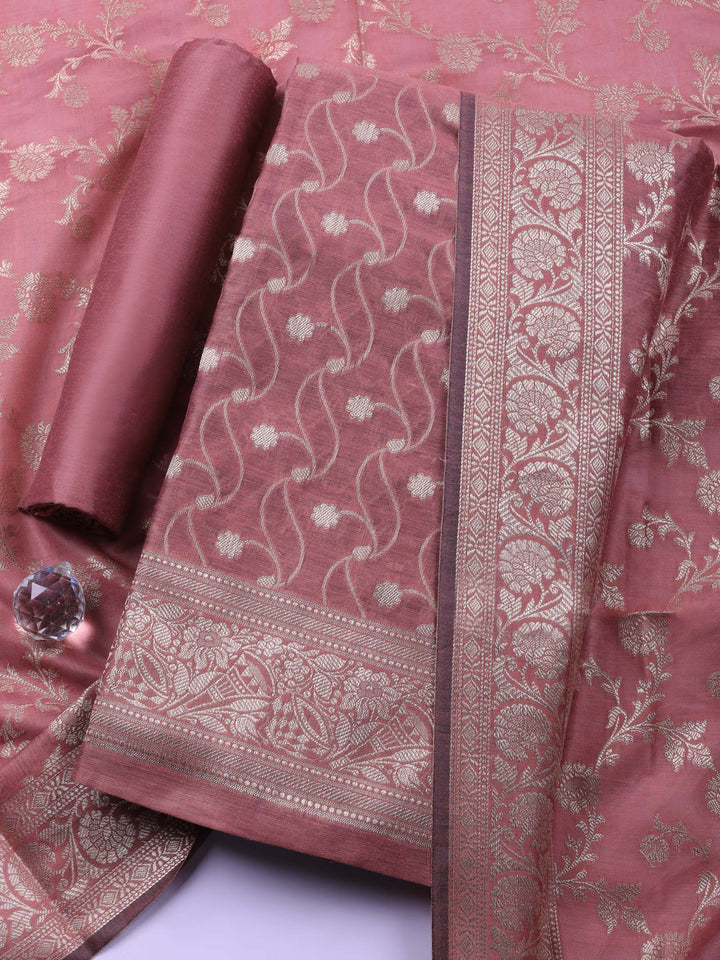 Dusty Pink Woven Design Chanderi Unstitched Suit &amp; Pant With Chanderi Dupatta