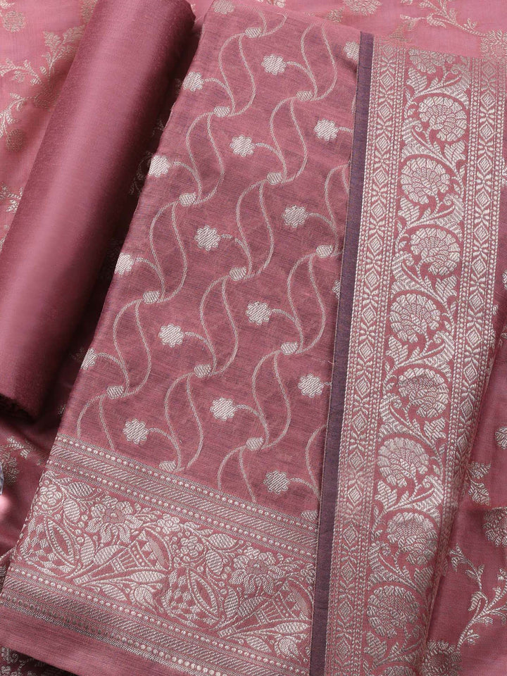 Dusty Pink Woven Design Chanderi Unstitched Suit &amp; Pant With Chanderi Dupatta