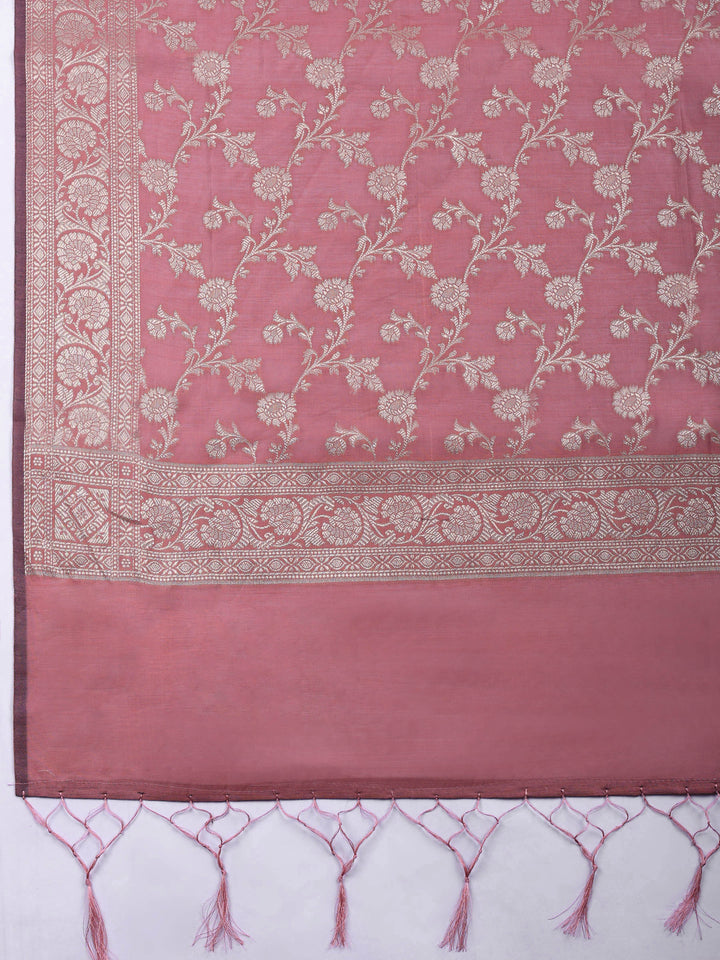 Dusty Pink Woven Design Chanderi Unstitched Suit &amp; Pant With Chanderi Dupatta