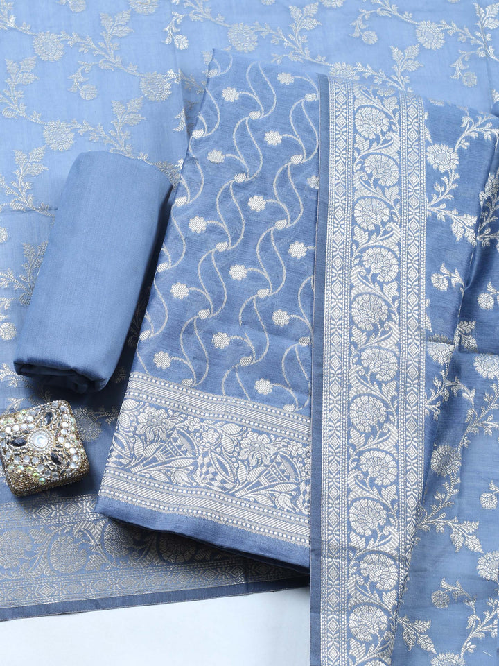 Grey Blue Woven Design Chanderi Unstitched Suit &amp; Pant With Chanderi Dupatta